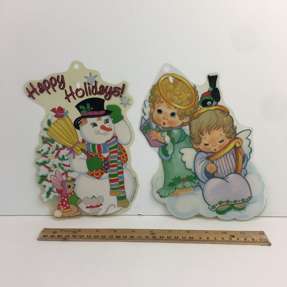 Vtg Impact Plastics Color Clings Happy Holidays Snowman Angels‎ Christmas Winter